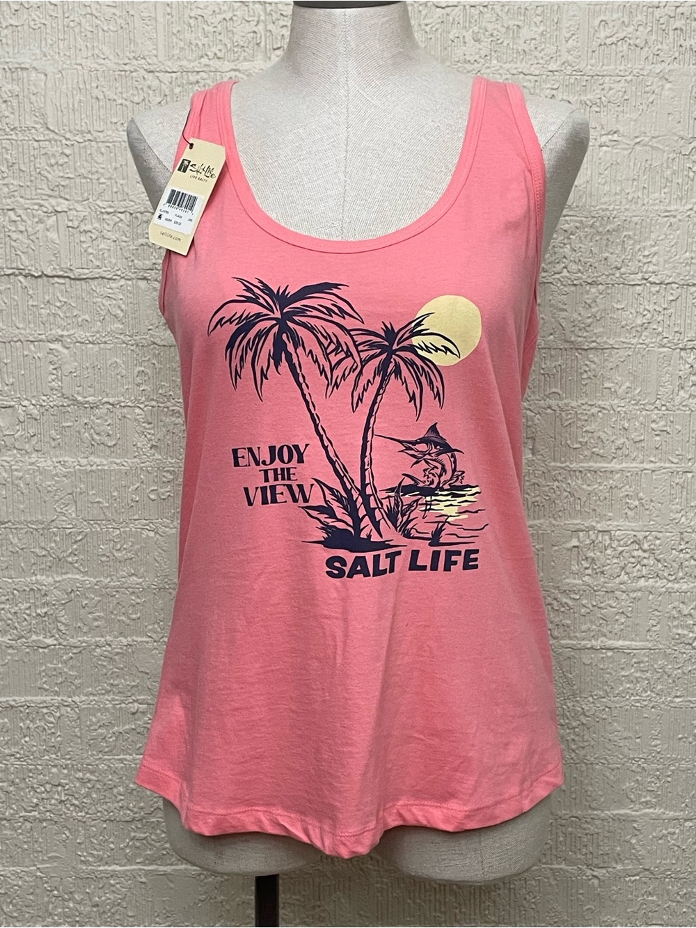 Salt Life Pink Razorback Tank with Navy Palm Sunset Graphic “Enjoy the View”